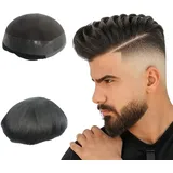 NLW Echthaar-Toupet für Männer Herren-Toupet Schweizer Spitze kombiniert mit PU Naturhaar Ersatzsystem schwarz base 9 * 7
