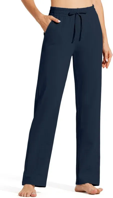 Willit Damen Sweat-Pants aus Baumwolle, mit offener Hose, Yoga- und Sport, gerade geschnitten, mit Taschen, marineblau, M