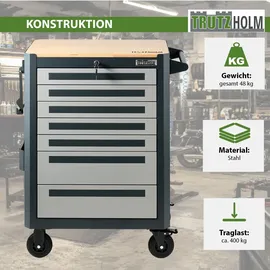 Trutzholm Werkstattwagen 99x82 cm Werkzeugwagen 7 Schubladen mit Holzplatte Einlassgriffe