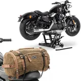 Set: Hebebühne Midlift L bis 680 kg sw ConStands mit Motorrad Hecktasche Vintage 25L Canvas Rucksack Gepäckrolle braun