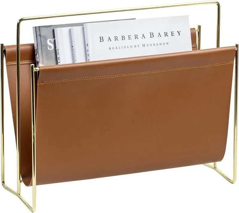 MyGift 15-Zoll Moderner Braun Lederoptik & Messingbeschichteter Metall Zeitschriftenhalter – Bodenstehender Kunstleder Sling Stil Zeitungsständer für Zuhause, Bad, Büro Dekor