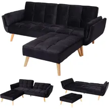 Mendler Schlafsofa HWC-K18 mit Ottomane, Couch Sofa Gästebett, Schlaffunktion 218x175cm Samt schwarz