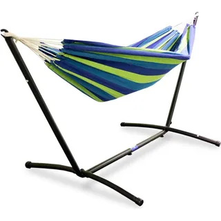 LACESTONE Hängematte inkl. Gestell Hängeliege Relaxliege Outdoor Indoor 180x140 bis 120Kg Blau/Grün