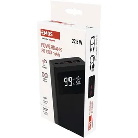 EMOS Powerbank BetaQ 20000mAh, 22,5 W Quick-Charge externer Akku/Ladegerät mit Passthrough und Display, 3X Output + 2X Input, inkl. Datenkabel USB/USB-C, Auto ON/Off, schwarz
