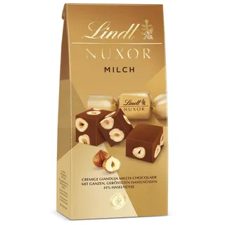 Lindt Schokolade NUXOR Milch | 103 g Beutel | Cremige Gianduja Milch-Schokolade mit ganzen, gerösteten Haselnüssen | Pralinen-Geschenk | Schokoladengeschenk