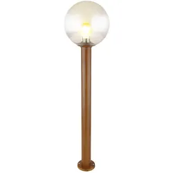 Außenleuchte Stehlampe Außen Gartenleuchte Standleuchte braun Terrassenlampe Wegeleuchte, Aluminium Glas Holzoptik, Kugel, 1xE27, DxH 25x100 cm, Garten Außenanlagen