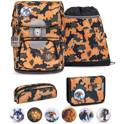 Rucksack Motion ergonomisches SchulranzenSet 5-teil. Orange Camouflage