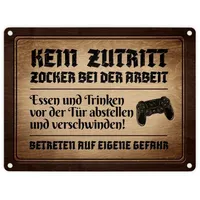 Trendaffe Zocker bei der Arbeit Metallschild in Holzoptik mit