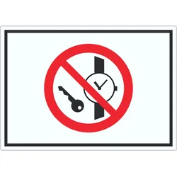 Mitführen von Metallteilen und Uhren verboten Symbol Aufkleber A4 (210x297mm)