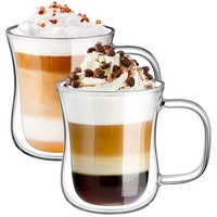 ecooe Doppelwandige Latte Macchiato Gläser Borosilikatglas Kaffeetassen Glas 2er Set 240ml Kaffeeglas Teegläser mit Henkel für Cappuccino, ,Tee,EIS,Milch,Bier