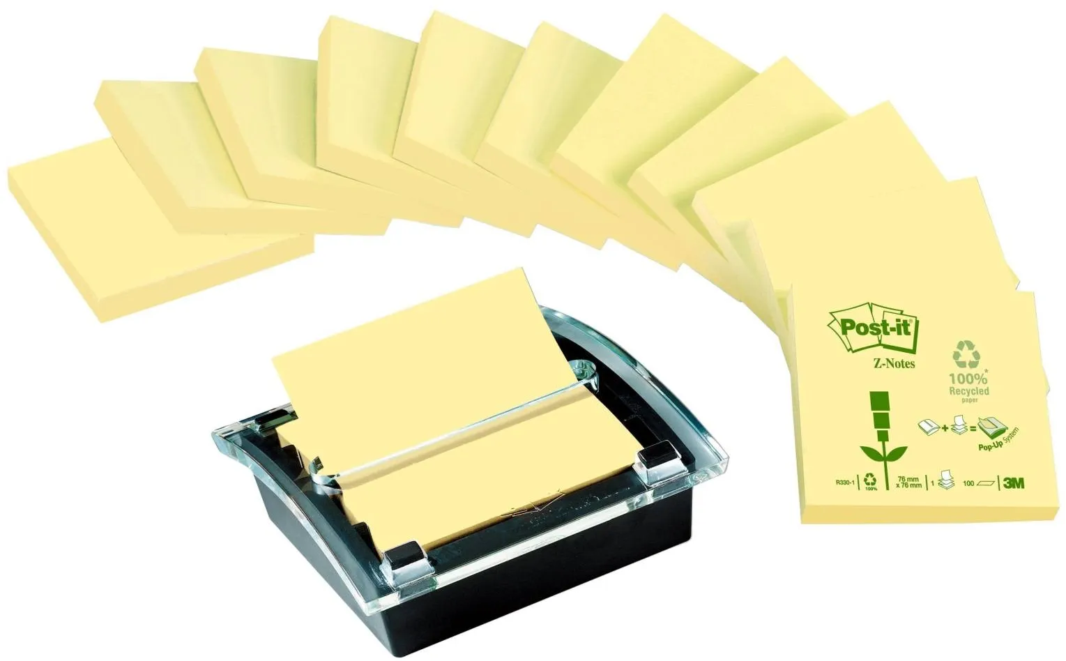 3M Post-it Recycling Z-Notes Spender C2014Y12, 107 mm x 40 mm x 105 mm, schwarz/transparent, 1 Z- Notes Spender, 12 Blöcke à 100 Blatt