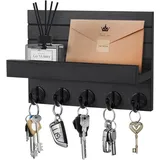 Schlüsselbrett mit Ablage, Dekoratives Holz Wandregal, Schlüsselbrett Holz Schwarz, mit 5 Schlüsselhaken, für Eingang, Flur, Schlafzimmer, Wohnzimmer