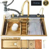 Gold Edelstahl Küchenspüle Einbauspüle Wasserfall Spülbecken Wasserhahn Armatur