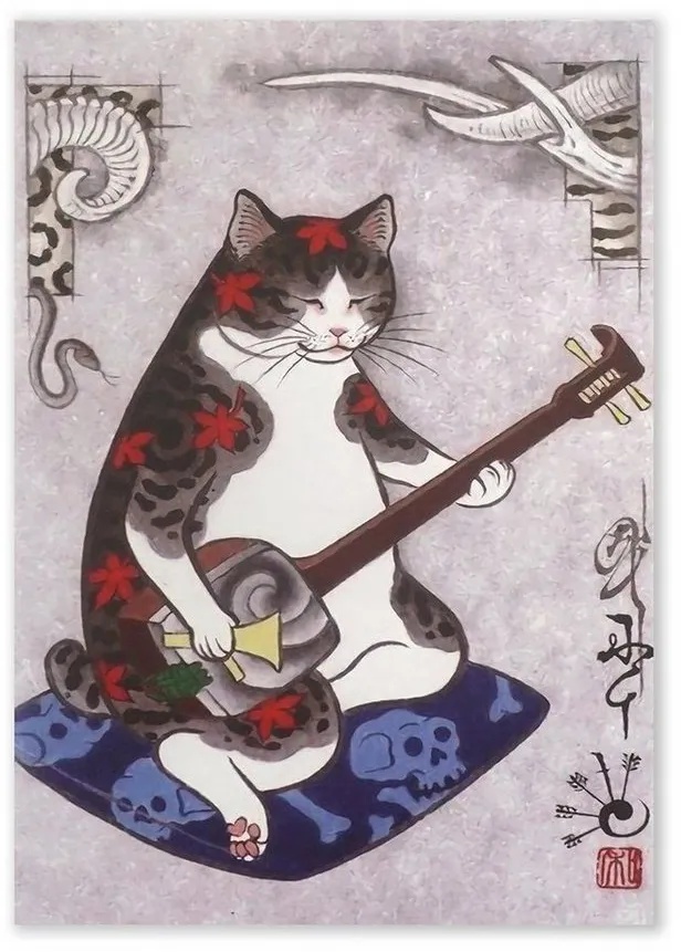 GalaxyCat Poster Japanisches Katzen Wandbild im Ukiyo e Stil, Katzen Wandbild auf, Katze mit Shamisen, Ukiyo-e Wandbild - Katze mit Shamisen grau