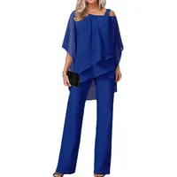 Damen Zweiteiler Outfit Sommer Hosenanzug Damen Tüll Sets Zweiteiler Chiffon Shirt und Hohe Taille Hosenanzug Elegant Vintage 2-Teiliges Set Outfit Cocktail Party Hosenanzug(Blue,XXL) - XXL