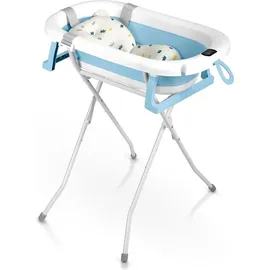 Ricokids Baby Badewanne Babywanne mit Gestell Thermometer und Badekissen - Faltbar Leicht Rutschfest - Weiß Blau