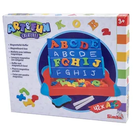 Simba Art Fun Magnettafel im Koffer – 2-in-1 Lernspieltafel mit 26 Buchstaben, 10 Zahlen, 6 Zeichen, Kreide & Schwamm, tragbare Magnettafel 29x23 cm, ab 3 Jahren