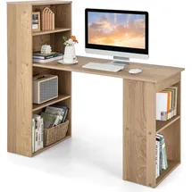 Costway Schreibtisch mit Bücherregal, Computertisch mit 6 Regalen, PC-Tisch mit Regal rechts oder Links, Bürotisch, 122 x 56 x 122 cm Natur