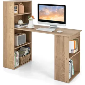 Costway Schreibtisch mit Bücherregal, Computertisch mit 6 Regalen, PC-Tisch mit Regal rechts oder Links, Bürotisch, 122 x 56 x 122 cm Natur