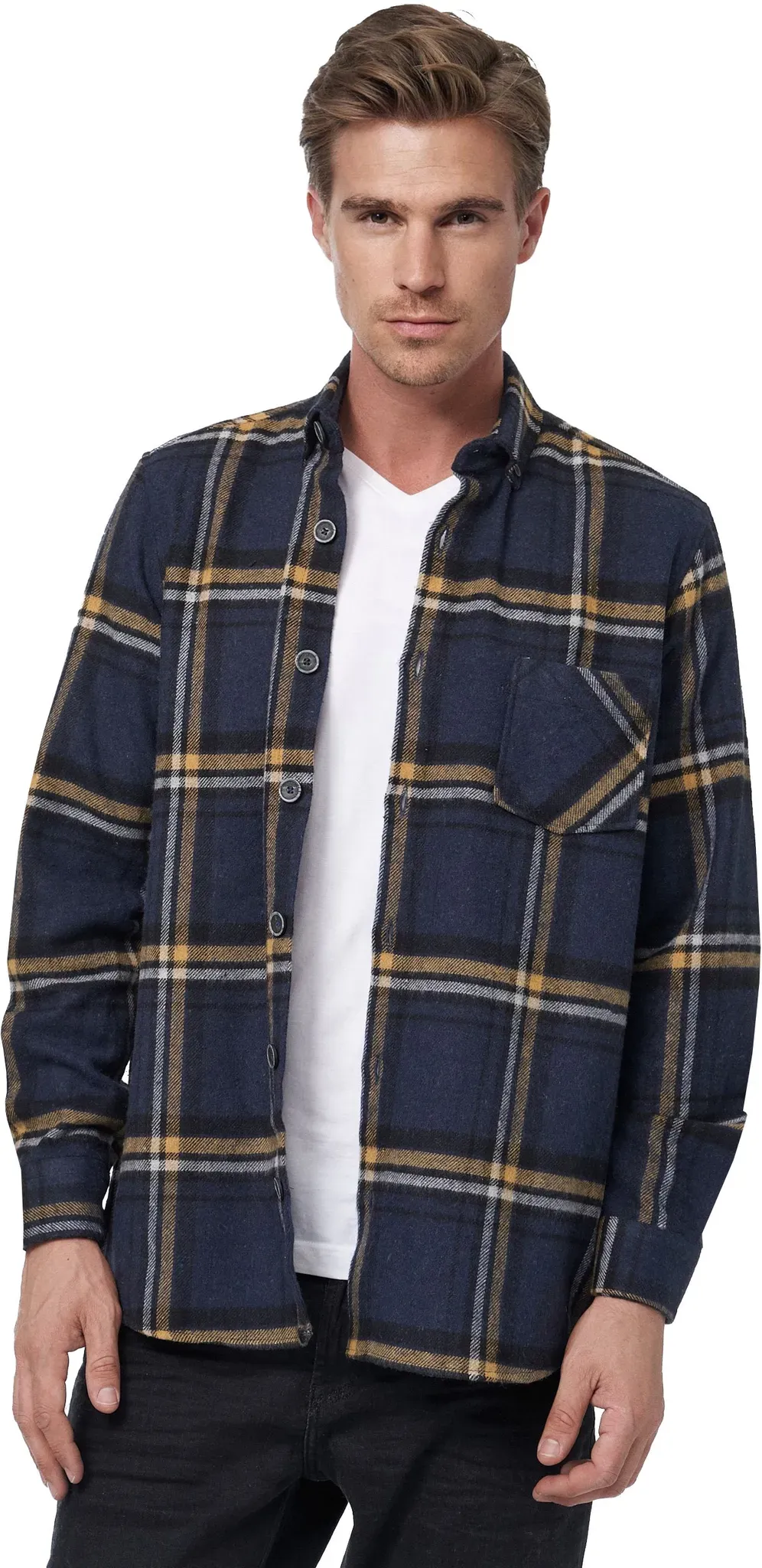 Langarmhemd RUSTY NEAL, Herren, Gr. L, EURO-Größen, blau (dunkelblau, meliert), 65% Polyacryl, 20% Polyester, 15% Baumwolle, kariert, Hemden, im trendigen Holzfäller-Look