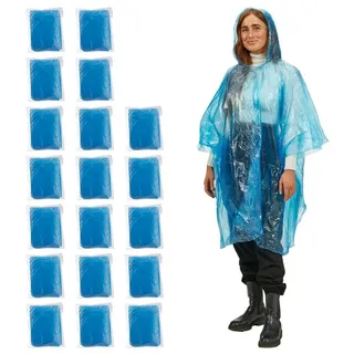 Relaxdays Regenponcho, 20er Set, Einweg Regencape mit Kapuze, Wandern, Festival, Notfallponcho für Damen & Herren, blau