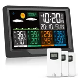Wetterstation Funk mit Außensensor, Farbdisplay Wetterstation mit 3 Außensensoren, Digital Thermometer Innen Außen mit Wettervorhersage und Luftfeuchtigkeitsmesser, Netzbetrieb und Batteriebetrieb