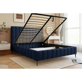 Selsey Fiarro - Polsterbett 140x200 mit Bettkasten, Metallfüßen, Velours, marineblau