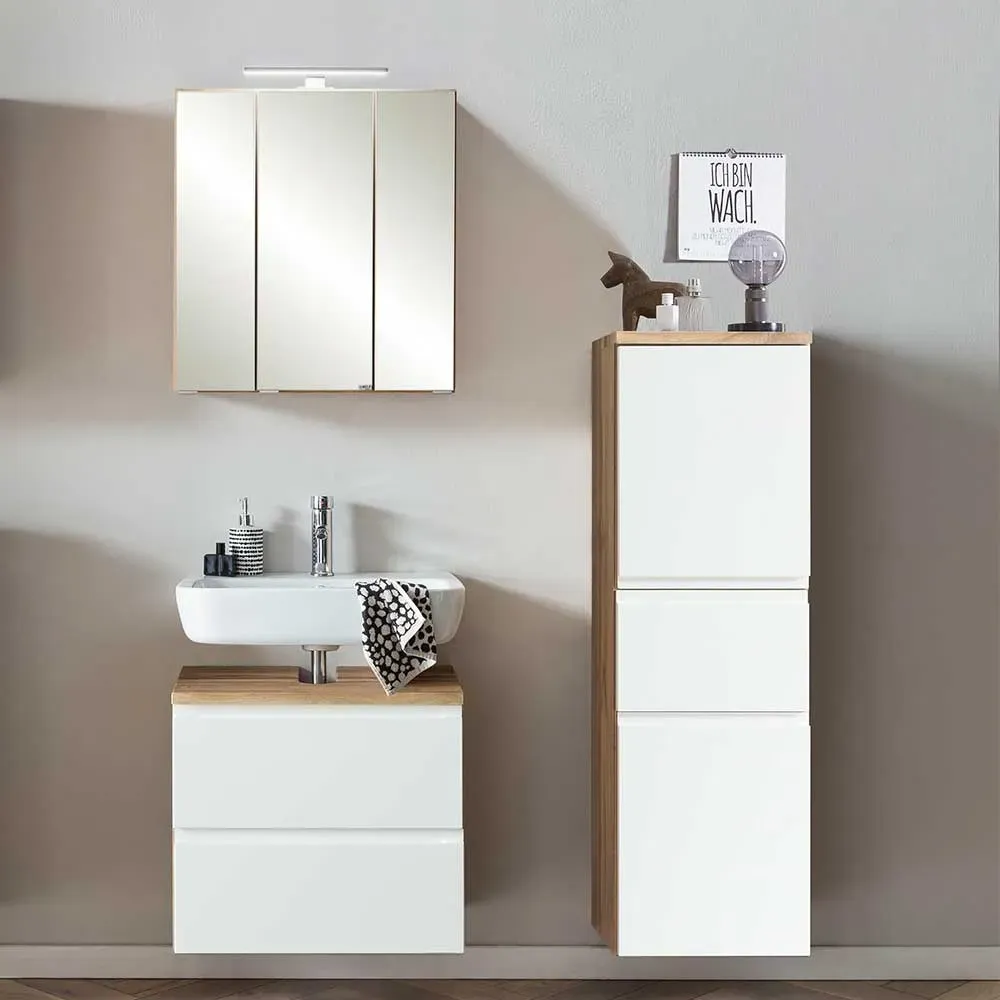Möbel für kleines Badezimmer in Wildeichefarben Weiß (dreiteilig)