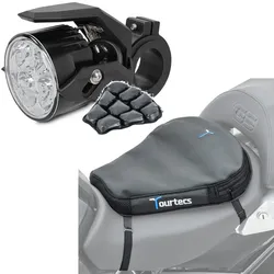 Set: Motorrad Zusatzscheinwerfer LED S2 einzeln mit E-Zulassung Lumitecs mit Motorrad Luftkissen Air Deluxe M sw