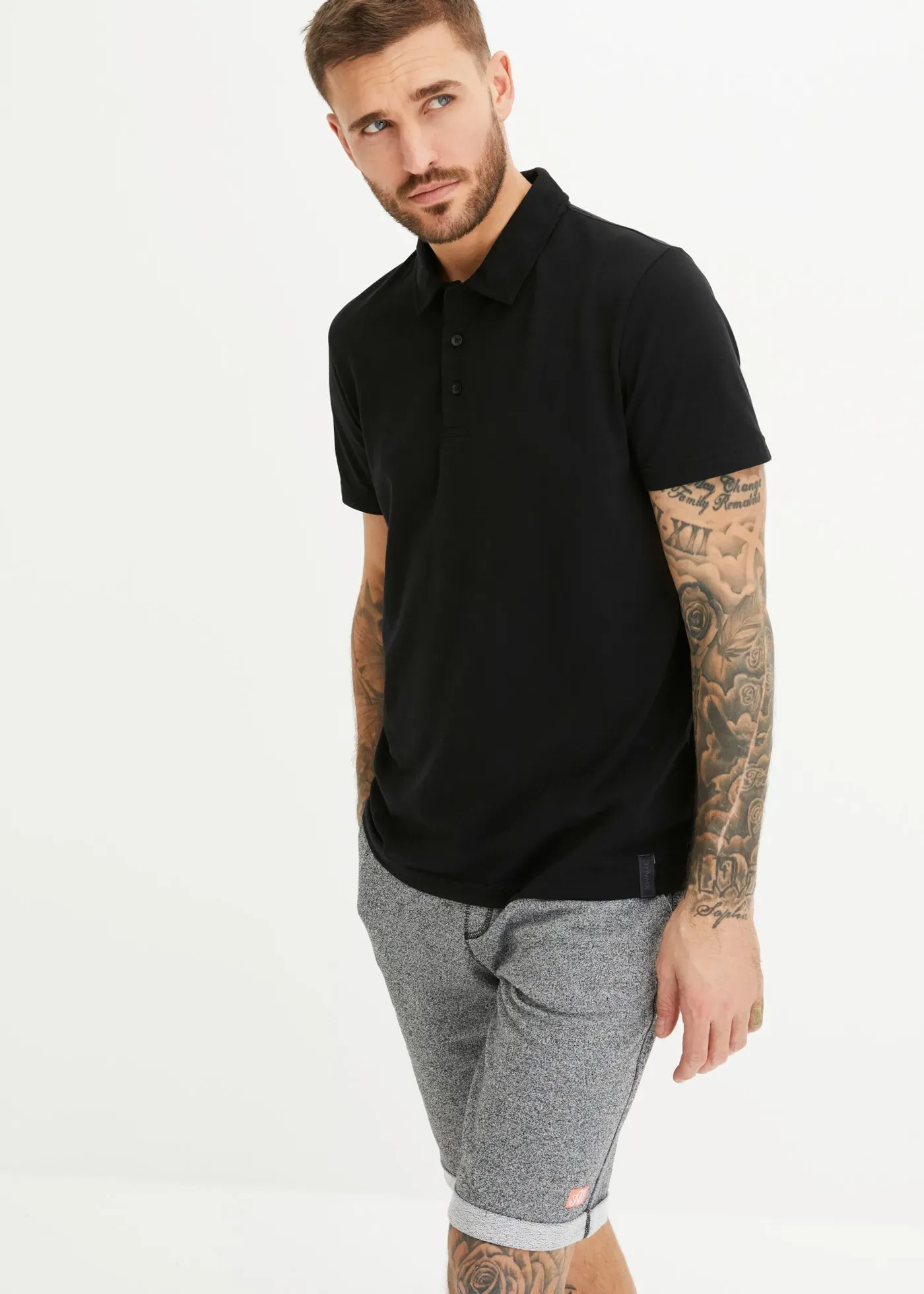 Poloshirt BONPRIX, Herren, Gr. 48/50 (M), schwarz, Jersey, Obermaterial: 60% Baumwolle, 40% Polyester, unifarben, regular fit hüftbedeckend, Rundhals, angesetztes Bündchen, Shirts, Basic-Form, Baumwollmischung, Kragen
