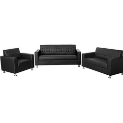 Mendler 3-2-1 Sofagarnitur Kunda, Couch Loungesofa Kunstleder, Metall-Füße ~ schwarz