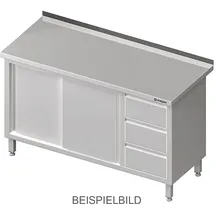 Stalgast Arbeitsschrank mit Schiebetüren, 1700x600x850 mm, mit 3er Schubladenblock links, mit Aufkantung, verschweißt