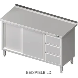 Stalgast Arbeitsschrank mit Schiebetüren, 1700x600x850 mm, mit 3er Schubladenblock links, mit Aufkantung, verschweißt