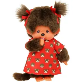 Magni Monchhichi Mädchen, mit Monchichikleid und Schleifen, ca. 20 cm großes Kuscheltier aus braunem Plüsch