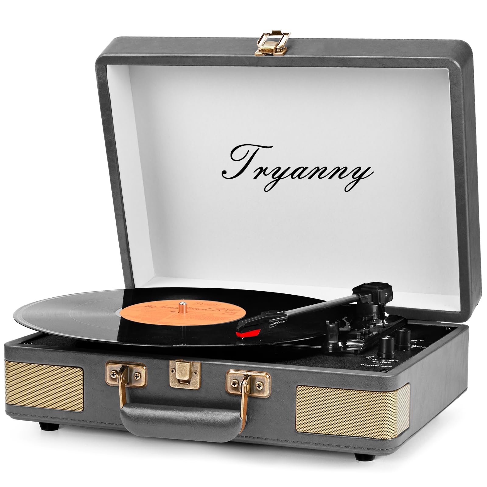 Trynnay Plattenspieler Schallplattenspieler 3-Gang-Bluetooth, tragbarer Koffer-Vinyl-Player mit integrierten Lautsprechern, Plattenspieler, verbesserter Audio-Sound, PU-Leder, Retro-Grau