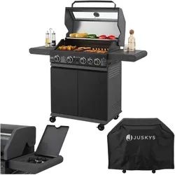Juskys BBQ Gasgrill Savannah - 4 Brenner & 1 Seitenbrenner - Stahl Grill mit Gusseisen Grillrost