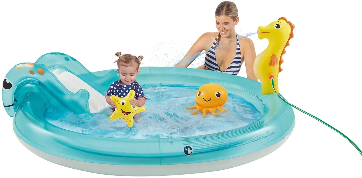 Planschbecken mit Rutsche 188x163 cm blau/rot/gelb PVC-beschichtet UV-beständig - Wehncke Ocean Pool - 2 Badefiguren, ab 9 Monate