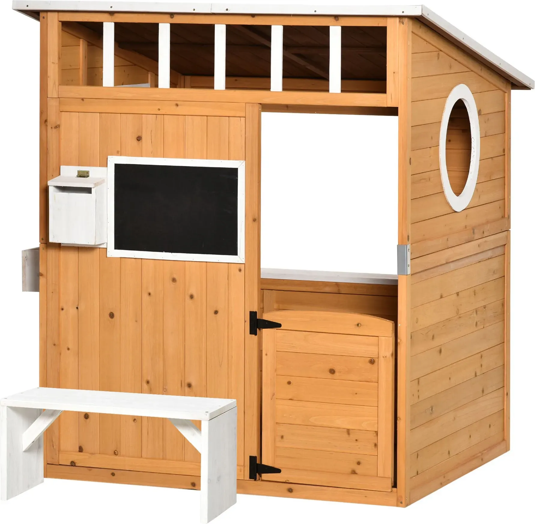 Outsunny Spielhaus für Kinder Holz Kinderspielhaus mit Fenster Briefkasten Outdoor Gartenspielhaus mit Blumentopfrack Holzspielhaus für 3-8 Jahre Tannenholz Natur 122 x 108 x 135,5 cm   Aosom