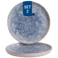 james cooke Azure Vintage flache Teller 2er-Set Steingut – Ø22 cm blau weiß gestreift,