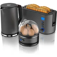 Arendo Frühstücks Set, Wasserkocher 1,5l Temperaturwahl, 4-Scheiben Toaster & Eierkocher für 7 Eier, Grau, Eierkocher, Grau
