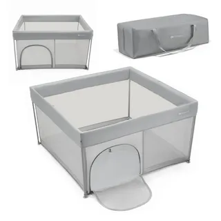 Kinderkraft ZIKI Laufstall Baby, Laufgitter bis 4 Jahren, Schnelles Zusammenklappen, Transporttasche im Set, robuste Stahlrahmen, atmungsaktiven Netzseiten, Grau