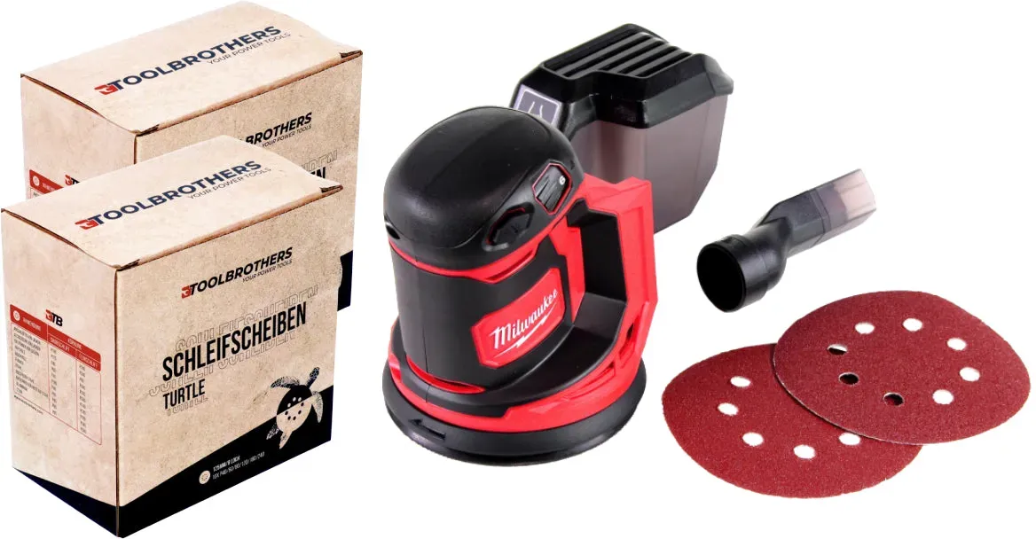 2x Toolbrothers TURTLE Schleifset 125mm + Milwaukee M18 BOS125-0 Akku Exzenterschleifer 18V 125mm Solo - ohne Akku, ohne Ladegerät