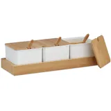 Relaxdays Gewürzbehälter Set, mit Löffel & Deckel, Kunststoff, Bambus, Zuckerdosen mit Tablett, weiß, 11 x 30 x 13 cm