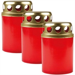 HS Candle Grabkerze (3-tlg), Grabkerze Grablicht Grableuchte mit goldenem Deckel rot