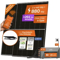Solarway All In One 880W Balkonkraftwerk komplett Solarpaket mit 1,6 kWh Anker Solix 2 PRO Speicher, Plug&Play