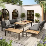 MERAX Gartenlounge-Set, Sitzgruppe Gartenmöbel Set mit Stahlrahmen & Kissen,Tisch mit Eiskübel, 2 Zweisitzer, 1 Ecksofa, 1 Bank, 1 Tisch - Grau