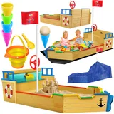 Kidiz KIDIZ® Sandkasten Ahoi Piratenschiff Boot Segelschiff aus Holz Inkl. Abdeckung, Bodenplane, Sitzbank, Flaggenmast, Sandspielzeug Große Kinder Sandkiste für den Garten Outdoor Sandbox