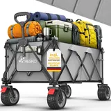 TRESKO® Bollerwagen faltbar 215L mit Bremse | Handwagen klappbar 150kg inkl. Vollgummireifen | Faltbarer Strandwagen Extra Breite All-Terrain-Räder | Transportwagen mit Tragetasche (Grau)