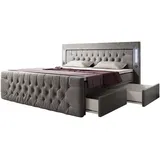 luxusbetten24 Boxspringbett Diva mit USB, LED und Stauraum in 2 Schubladen) H3 (70-100kg) - Grau