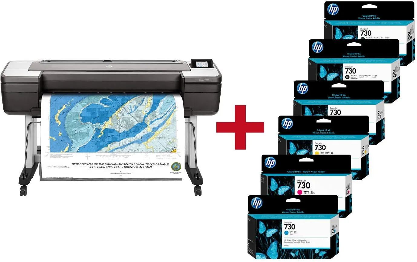 HP DesignJet T1700dr PostScript Großformatdrucker Plotter inkusive zusätzlichem HP Tintenset 730